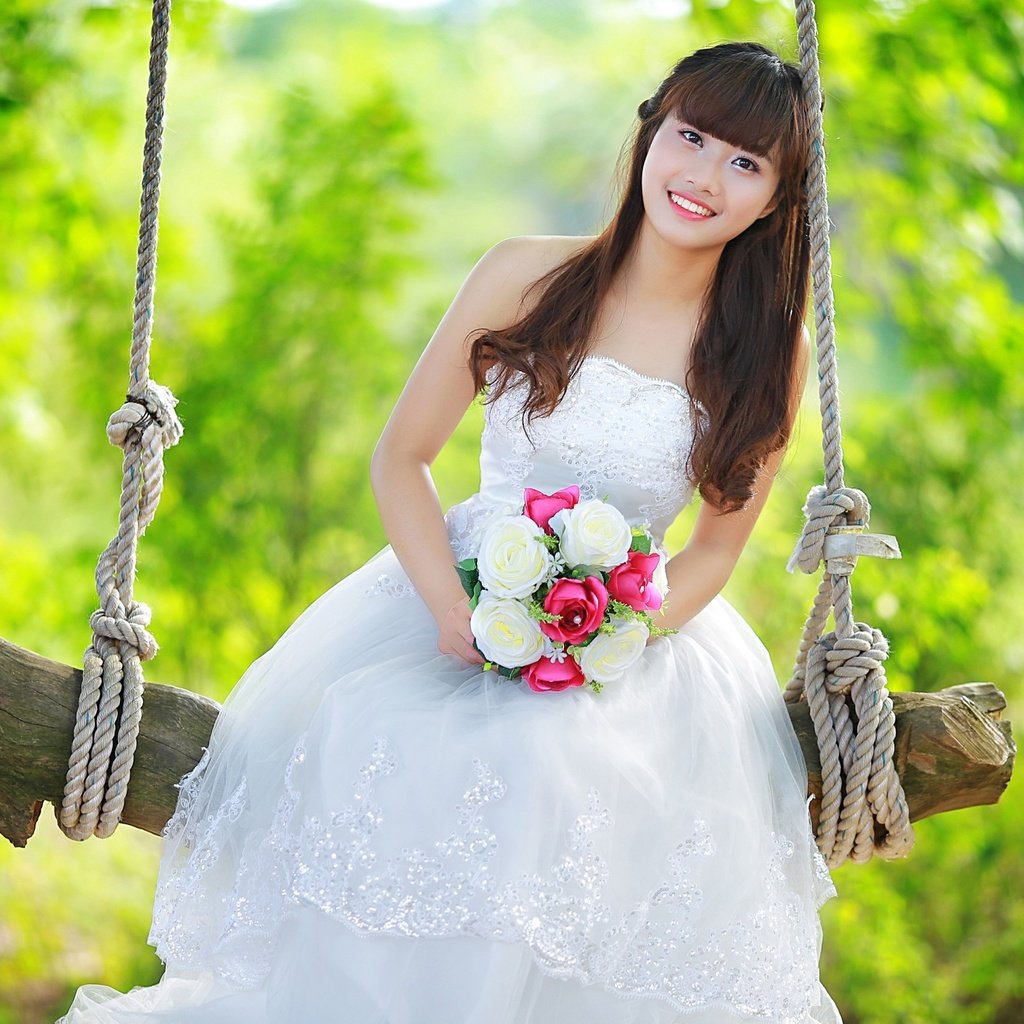 Обои цветы, девушка, качели, азиатка, невеста, flowers, girl, swing, asian, the bride разрешение 2566x1619 Загрузить