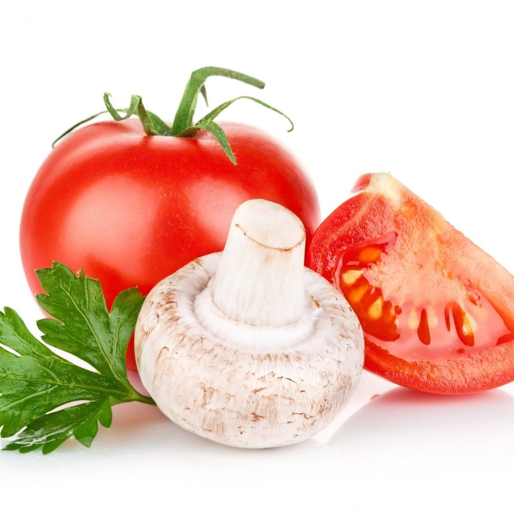 Обои гриб, белый фон, овощи, помидоры, петрушка, шампиньон, mushroom, white background, vegetables, tomatoes, parsley, champignon разрешение 1920x1395 Загрузить