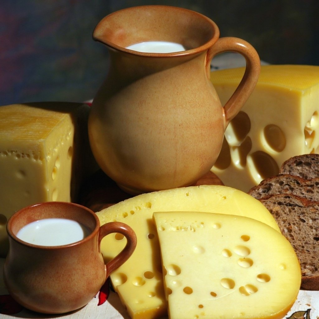 Обои сыр, кружка, хлеб, молоко, кувшин, нарезка, cheese, mug, bread, milk, pitcher, cutting разрешение 1920x1200 Загрузить