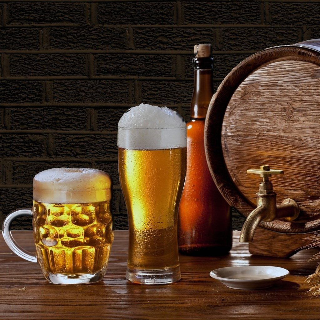 Обои бокал, колосья, кружка, бутылка, пиво, бочонок, кружка пива, glass, ears, mug, bottle, beer, barrel, beer mug разрешение 1920x1200 Загрузить