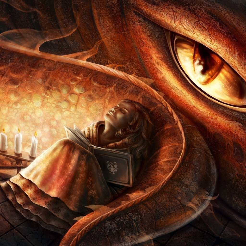 Обои свечи, фантастика, дракон, девочка, глаз, хвост, книга, elena mikhailava, candles, fiction, dragon, girl, eyes, tail, book разрешение 1920x1200 Загрузить