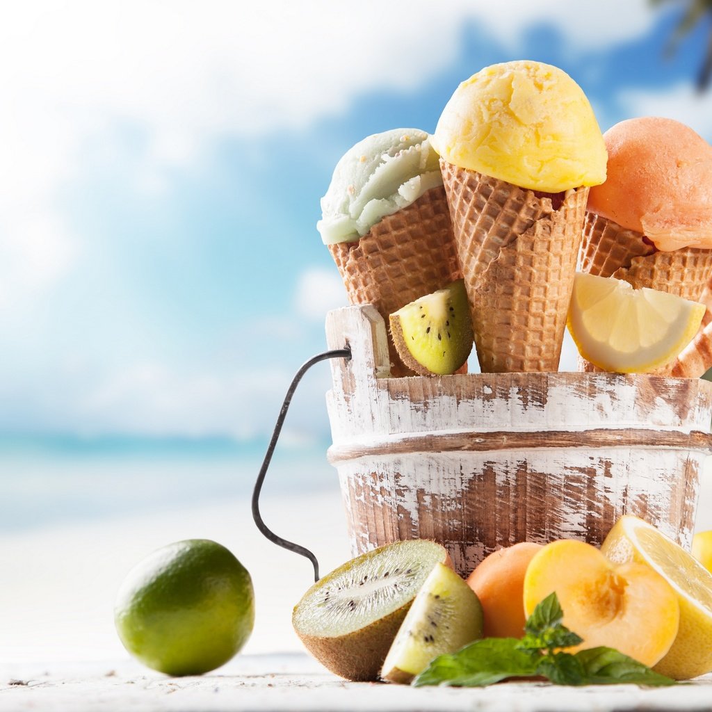 Обои пляж, сладенько, мороженое, фрукты, рожок, сладкое, мороженное, десерт, тропическая, fruits, beach, ice cream, fruit, horn, sweet, dessert, tropical разрешение 2880x1811 Загрузить