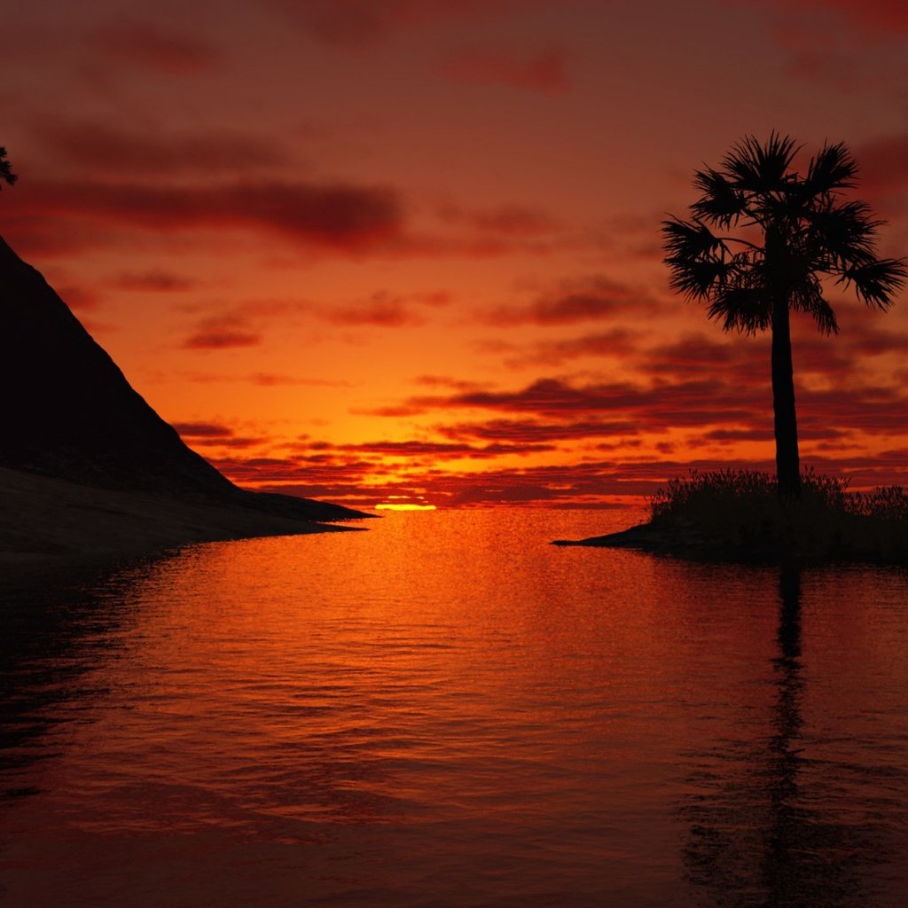 Обои озеро, закат, пейзаж, пальма, 3д, lake, sunset, landscape, palma, 3d разрешение 1920x1200 Загрузить