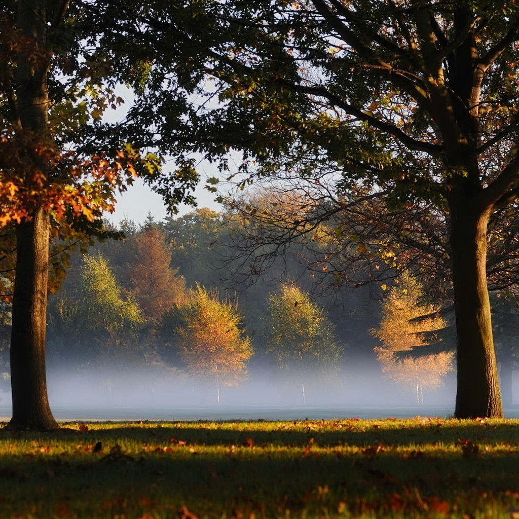 Обои трава, деревья, листья, туман, grass, trees, leaves, fog разрешение 1920x1080 Загрузить