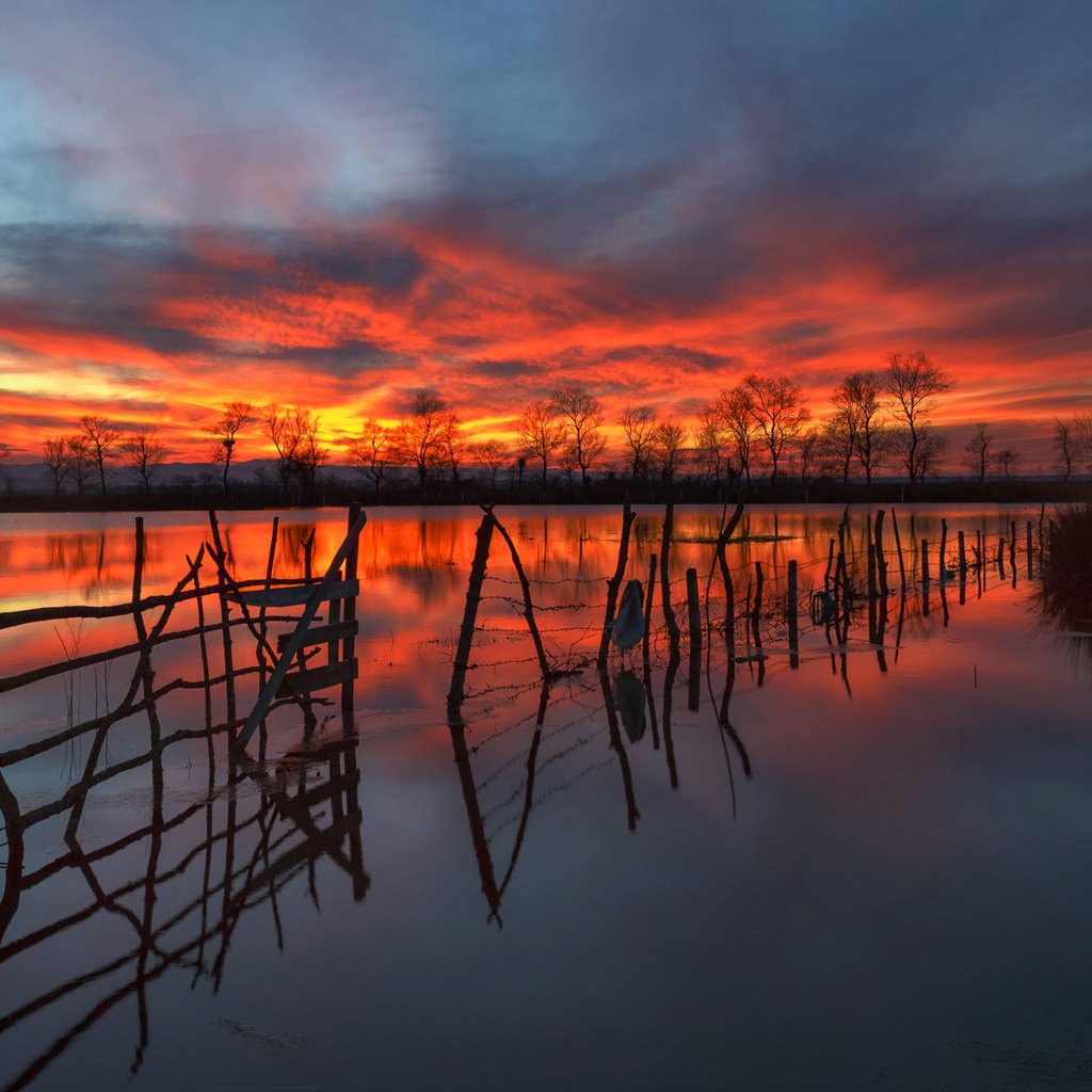 Обои ночь, озеро, природа, закат, отражение, забор, силуэты, night, lake, nature, sunset, reflection, the fence, silhouettes разрешение 1920x1208 Загрузить