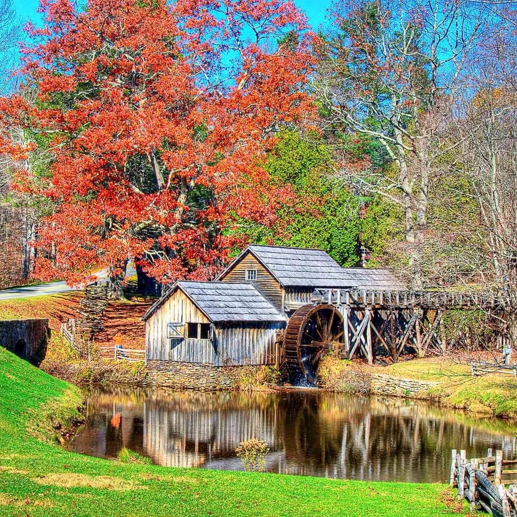 Обои деревья, река, пейзаж, осень, мельница, штат виргиния, mabry mill, trees, river, landscape, autumn, mill, virginia разрешение 1920x1281 Загрузить