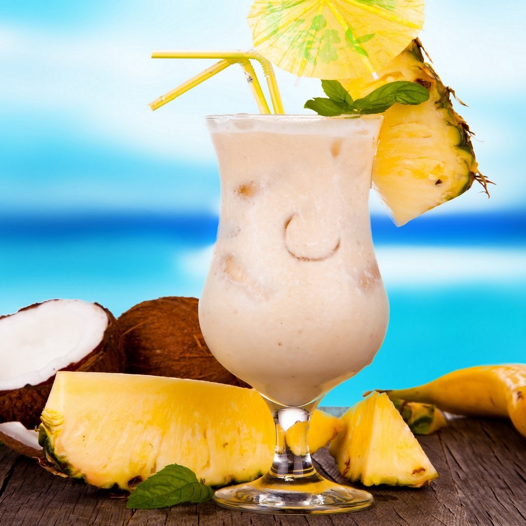 Обои пляж, летнее, молочный коктейль, лето, фрукты, коктейль, плоды, тропический, кокос, ананас, тропическая, beach, milkshake, summer, fruit, cocktail, tropical, coconut, pineapple разрешение 2880x2560 Загрузить