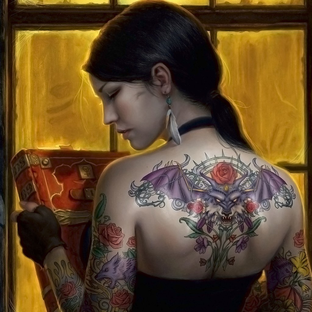 Обои девушка, брюнетка, татуировки, спина, окно, книга, girl, brunette, tattoo, back, window, book разрешение 1920x1200 Загрузить