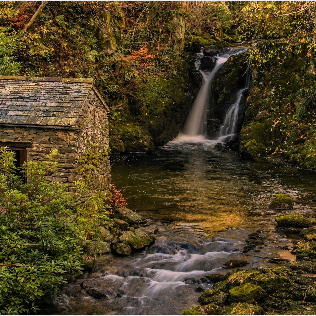 Обои река, пейзаж, водопад, осень, дом, river, landscape, waterfall, autumn, house разрешение 2880x1653 Загрузить