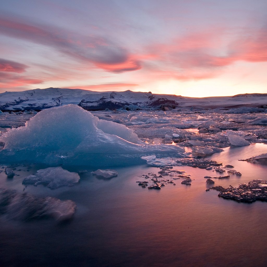 Обои вода, природа, закат, пейзаж, лёд, остров, исландия, water, nature, sunset, landscape, ice, island, iceland разрешение 2048x1281 Загрузить