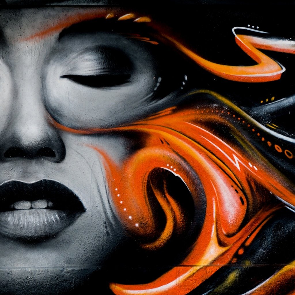 Обои рисунок, девушка, стена, губы, лицо, граффити, закрытые глаза, figure, girl, wall, lips, face, graffiti, closed eyes разрешение 1920x1080 Загрузить