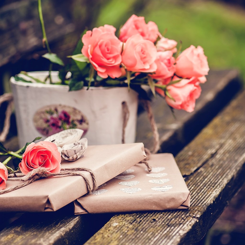 Обои цветы, розы, скамейка, подарок, flowers, roses, bench, gift разрешение 3730x2482 Загрузить