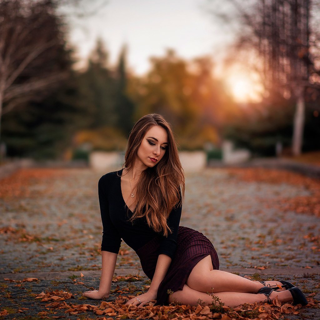 Обои листья, девушка, поза, ножки, leaves, girl, pose, legs разрешение 2048x1367 Загрузить