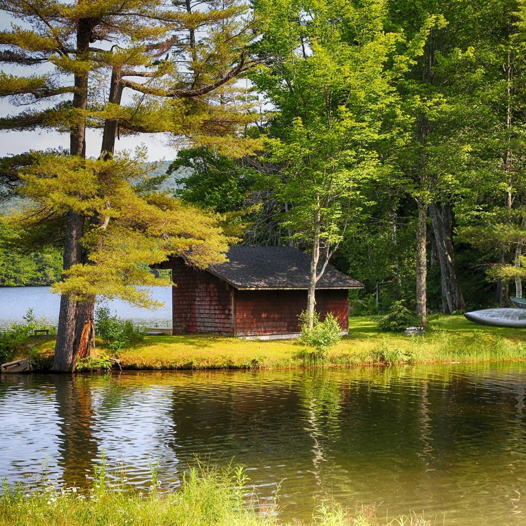 Обои деревья, озеро, пейзаж, осень, лодка, дом, trees, lake, landscape, autumn, boat, house разрешение 2880x1920 Загрузить