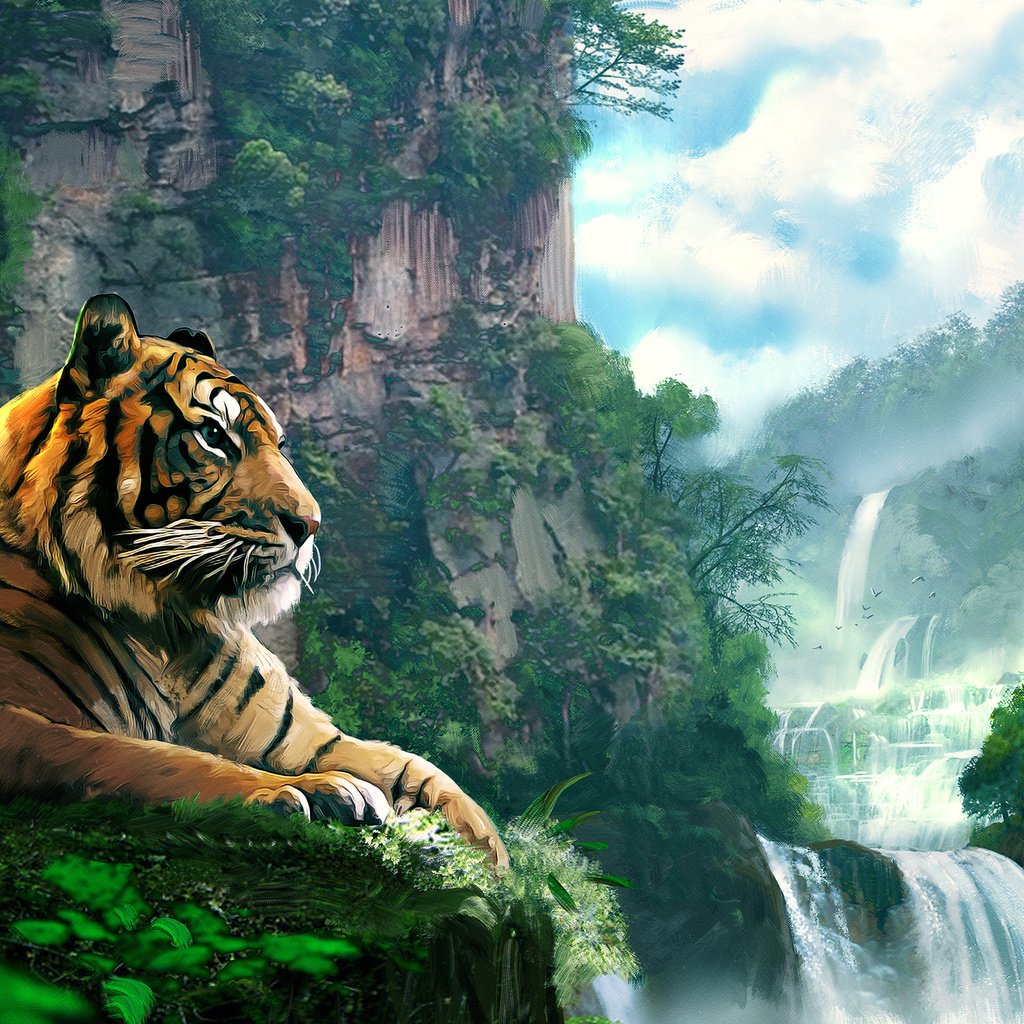 Обои тигр, арт, лес, пейзаж, гора, водопад, tiger, art, forest, landscape, mountain, waterfall разрешение 2500x1516 Загрузить
