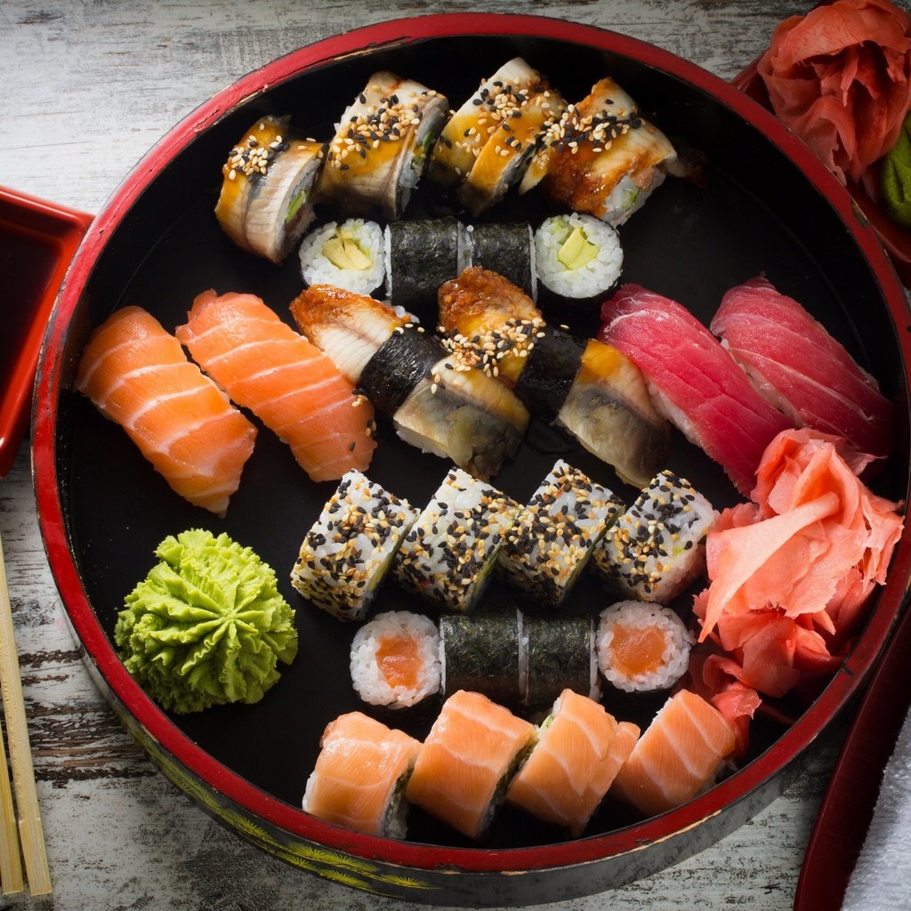 Обои рыба, суши, роллы, oriental food, preparation, fish, sushi, rolls разрешение 2880x1920 Загрузить