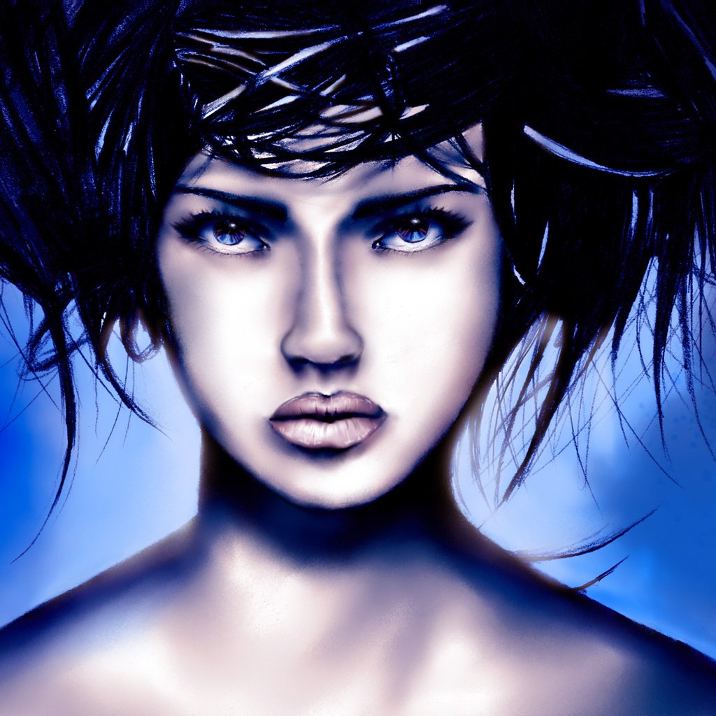 Обои арт, стиль, девушка, взгляд, волосы, лицо, прическа, губы. синий фон, art, style, girl, look, hair, face, hairstyle, lips. blue background разрешение 1920x1080 Загрузить