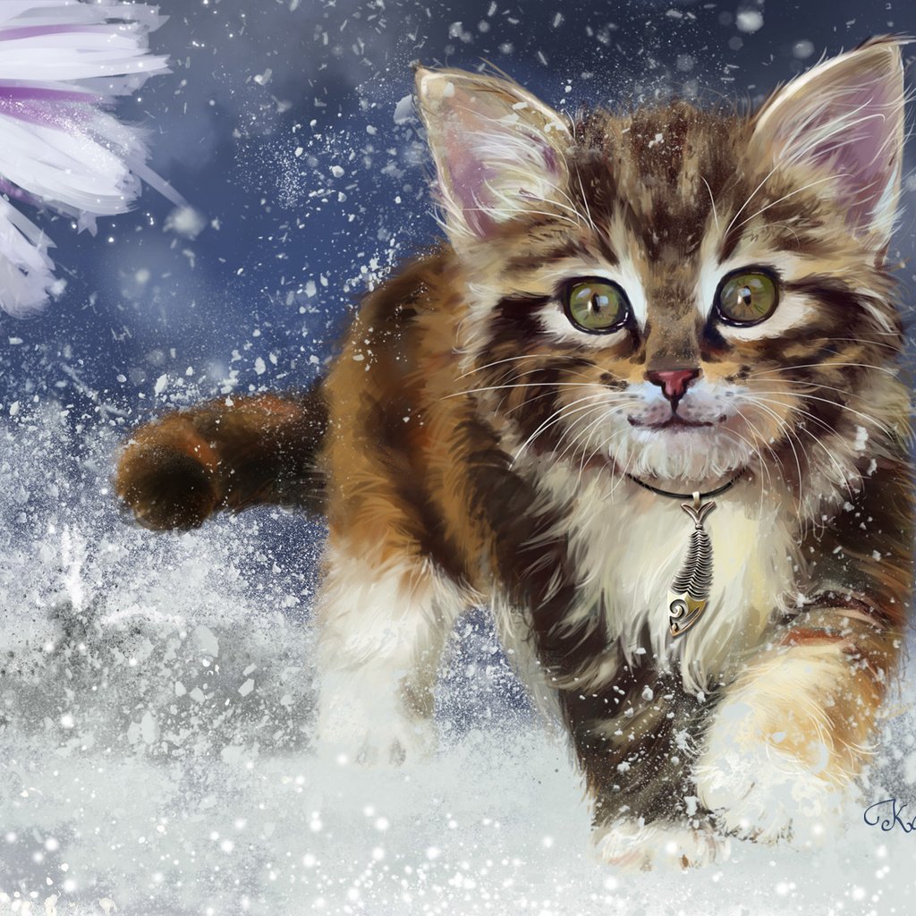 Обои арт, снег, зима, котенок, детская, lorri kajenna, art, snow, winter, kitty, children's разрешение 1920x1200 Загрузить