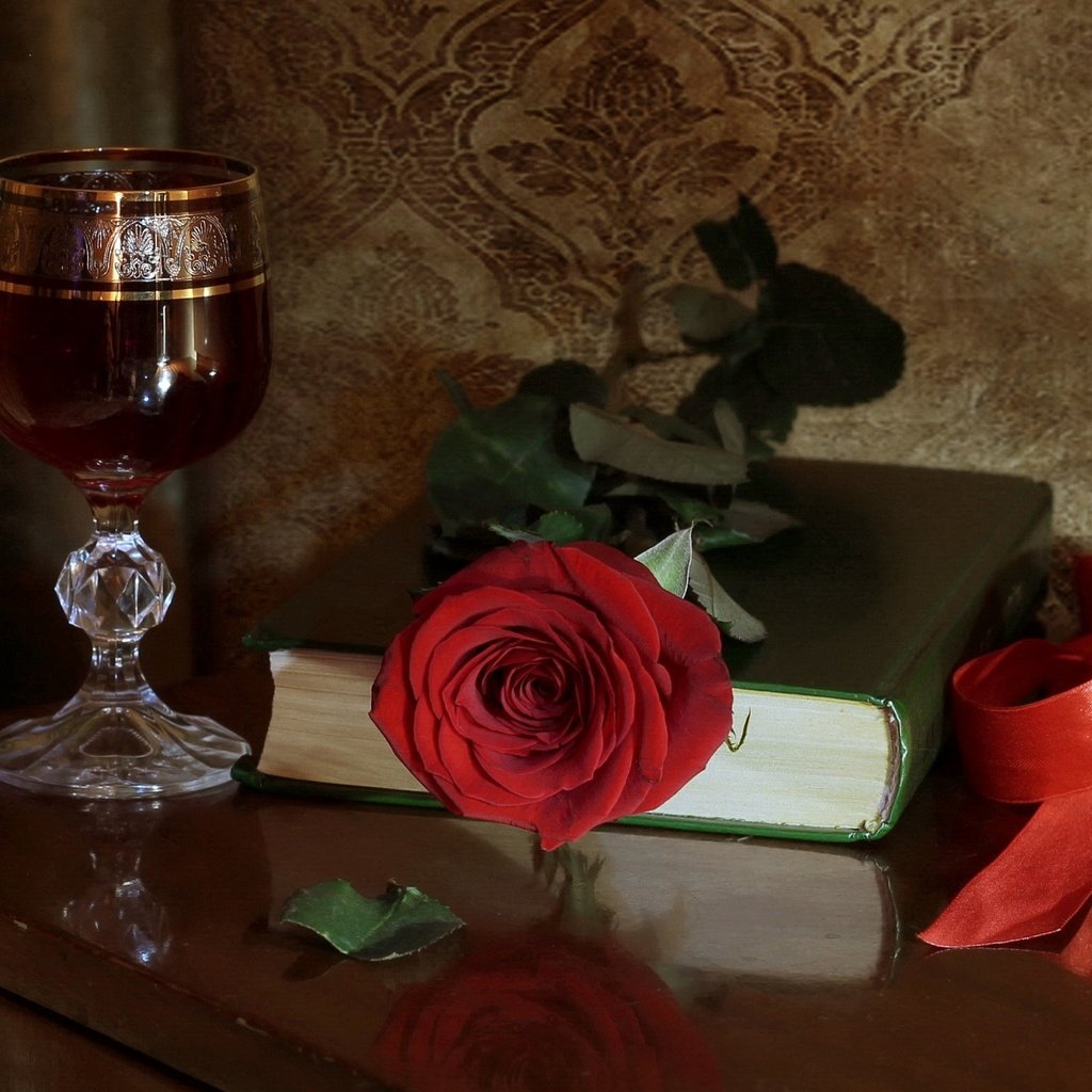 Обои роза, бокал, вино, лента, книга, rose, glass, wine, tape, book разрешение 1920x1247 Загрузить