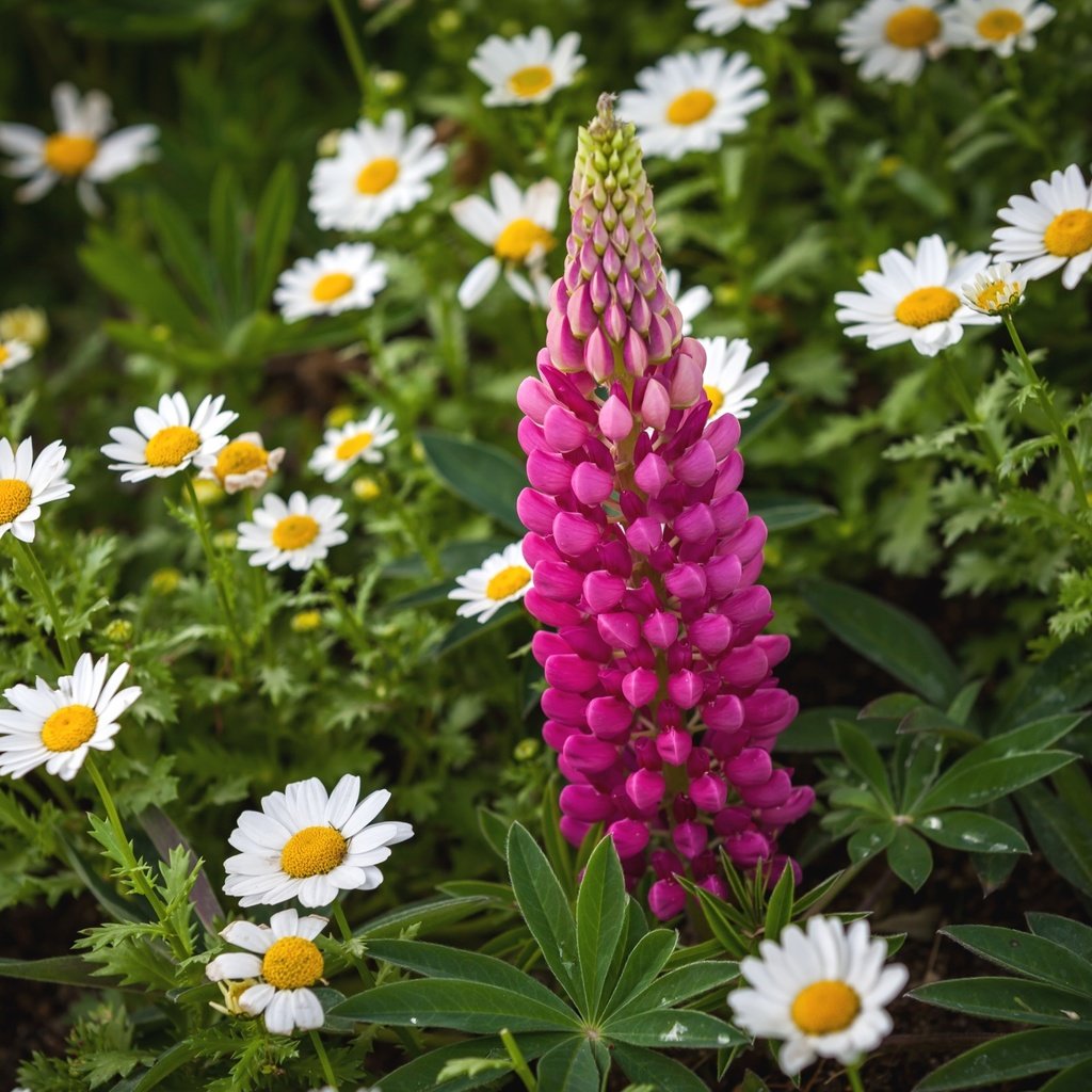 Обои цветы, листья, лето, лепестки, ромашки, люпин, flowers, leaves, summer, petals, chamomile, lupin разрешение 2700x1708 Загрузить