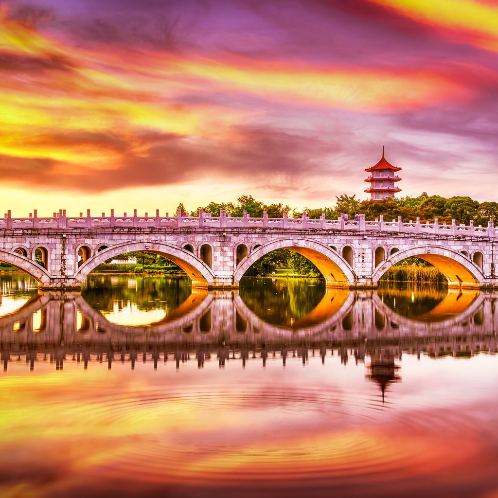 Обои закат, отражение, мост, водоем, сингапур, китайский сад, sunset, reflection, bridge, pond, singapore, chinese garden разрешение 2048x1366 Загрузить