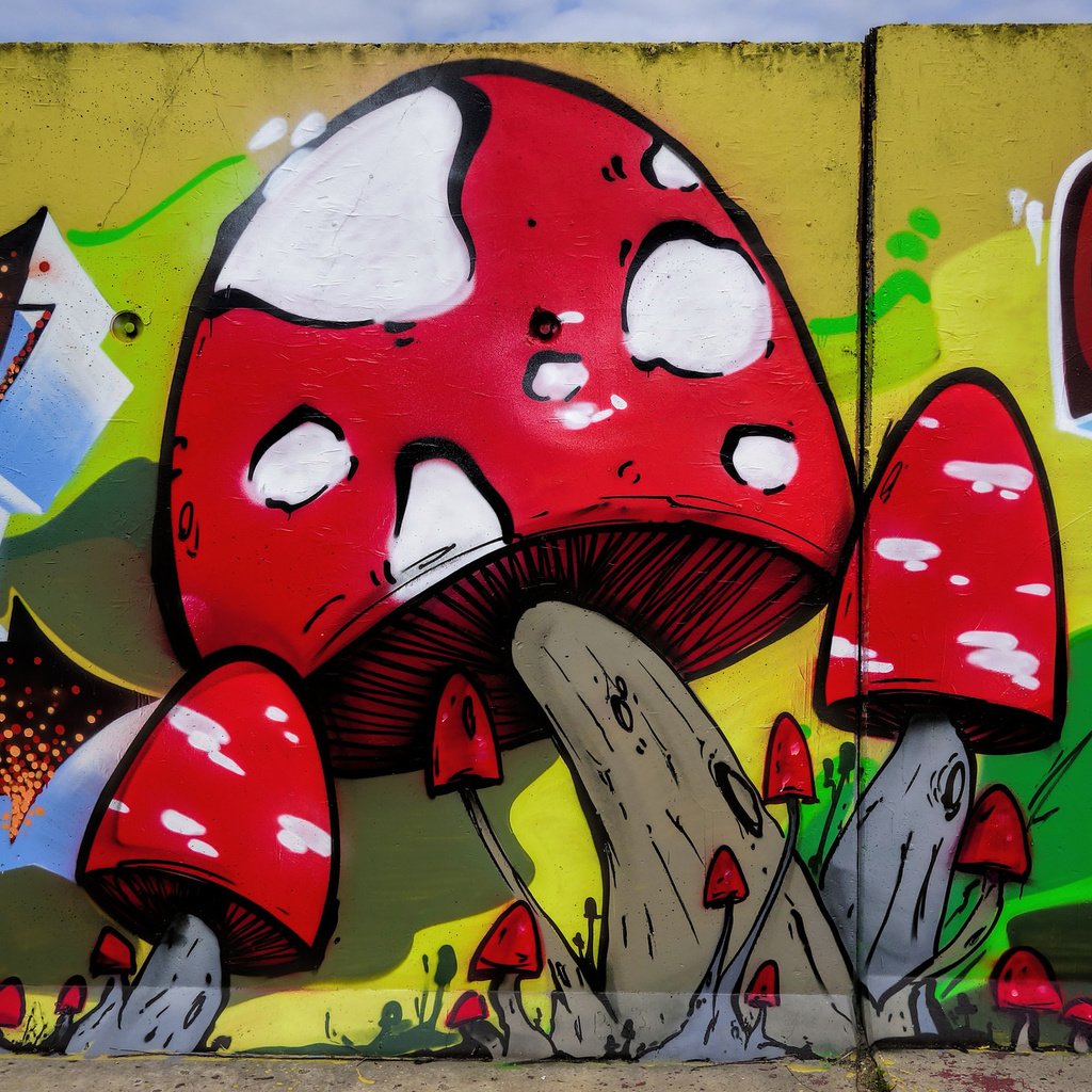 Обои арт, город, стена, грибы, графити, art, the city, wall, mushrooms, grafiti разрешение 2048x1365 Загрузить