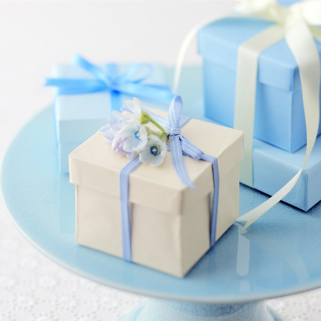 Обои цветы, подарки, коробка, ленты, голубой.белый, flowers, gifts, box, tape, blue.white разрешение 1920x1200 Загрузить