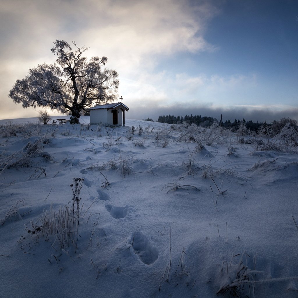 Обои снег, храм, зима, поле, snow, temple, winter, field разрешение 2048x1411 Загрузить