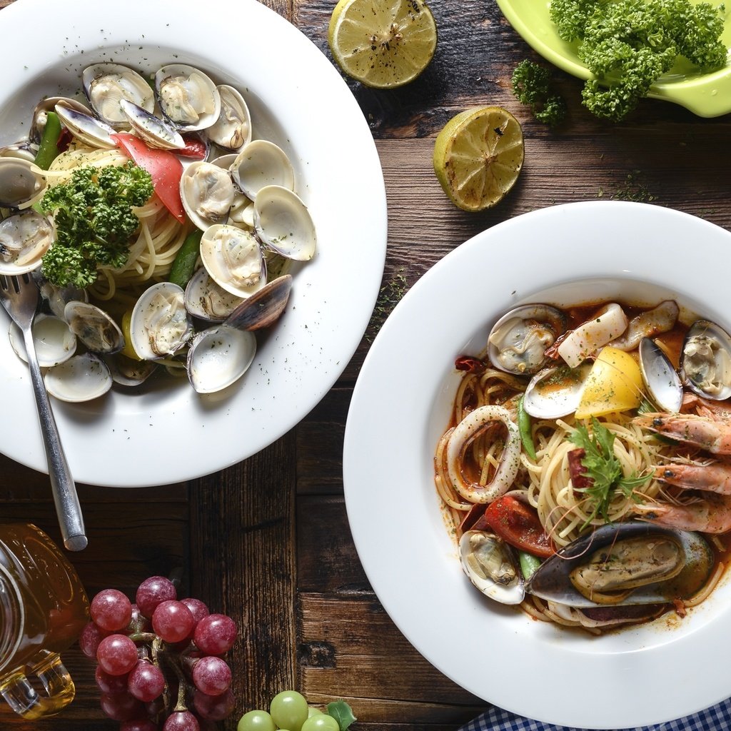 Обои морепродукты, блюда, моллюски, паста, seafood, meals, shellfish, pasta разрешение 2048x1367 Загрузить