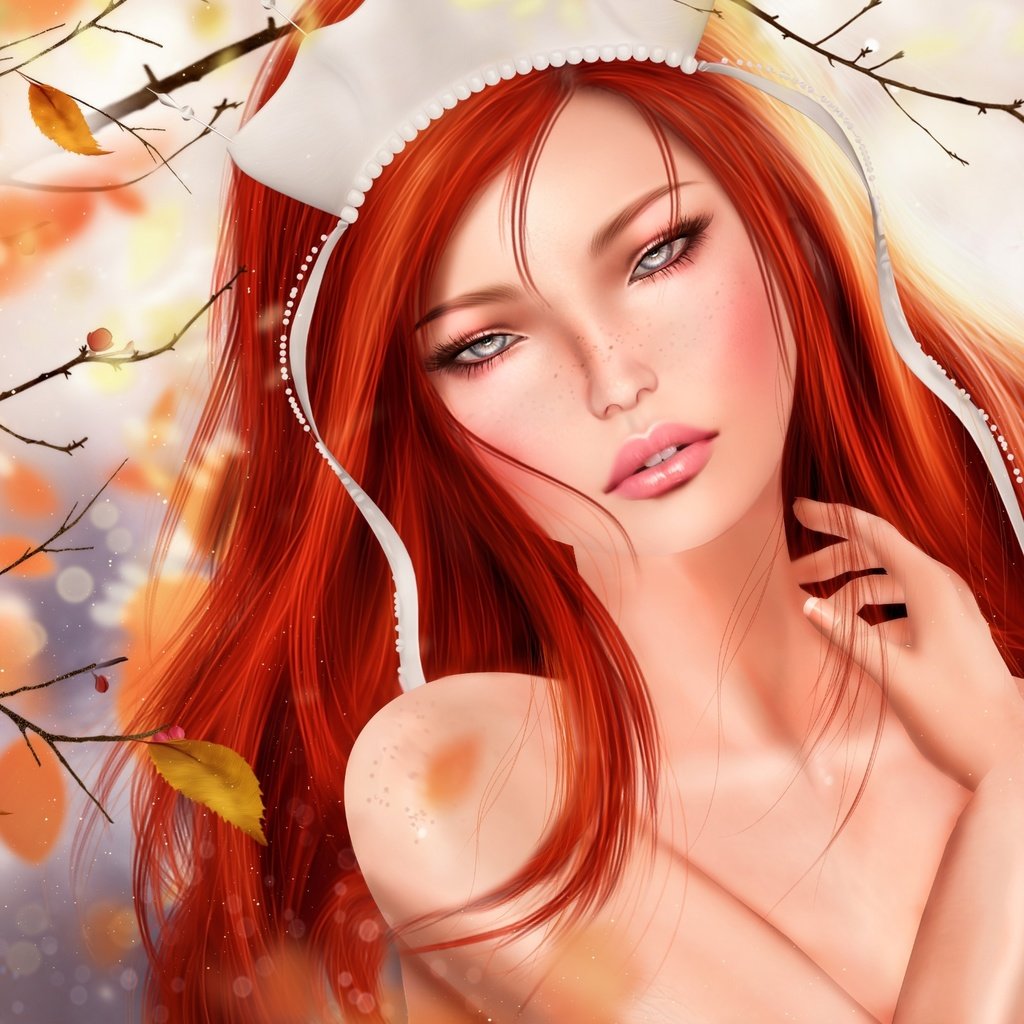 Обои листья, девушка, осень, рыжая, leaves, girl, autumn, red разрешение 3000x1804 Загрузить