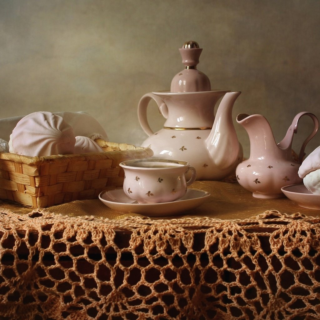 Обои чай, посуда, зефир, скатерть, сервиз, tea, dishes, marshmallows, tablecloth, set разрешение 1920x1222 Загрузить