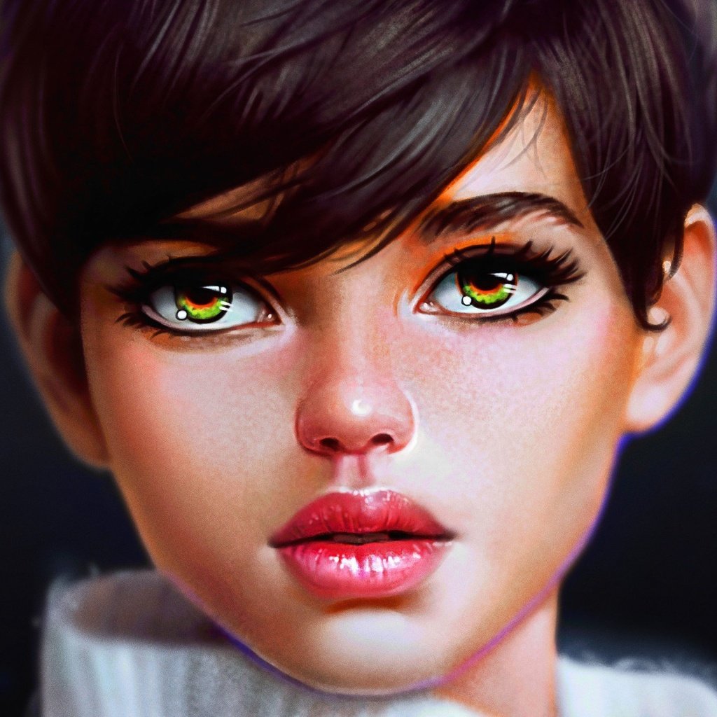 Обои арт, девушка, взгляд, зеленые глаза, стрижка, art, girl, look, green eyes, haircut разрешение 1920x1302 Загрузить