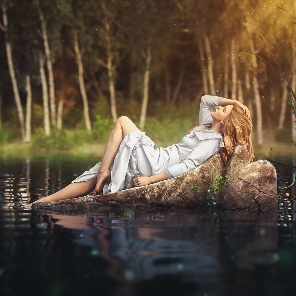 Обои арт, вода, природа, девушка, поза, блондинка, лежит, профиль, art, water, nature, girl, pose, blonde, lies, profile разрешение 1920x1200 Загрузить