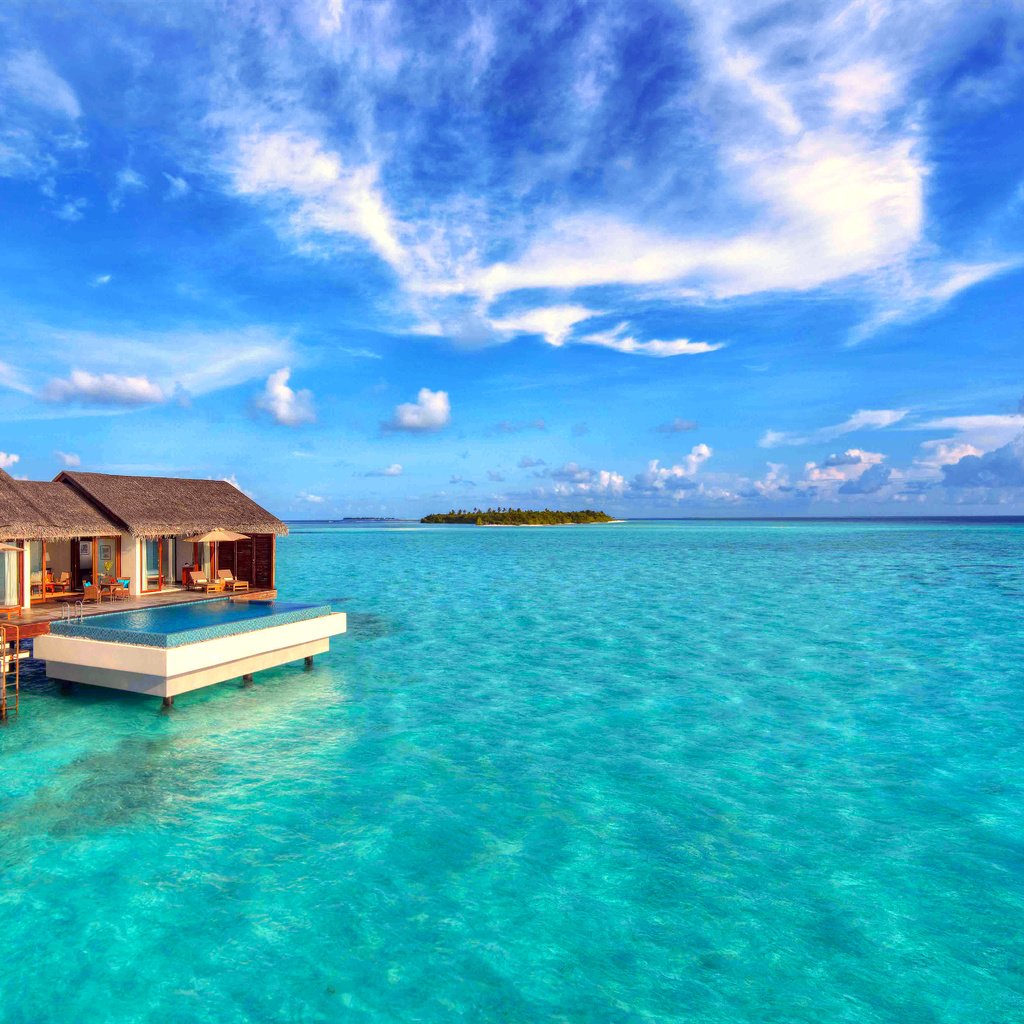 Обои море, отдых, остров, бунгало, мальдивы, sea, stay, island, bungalow, the maldives разрешение 6887x3874 Загрузить