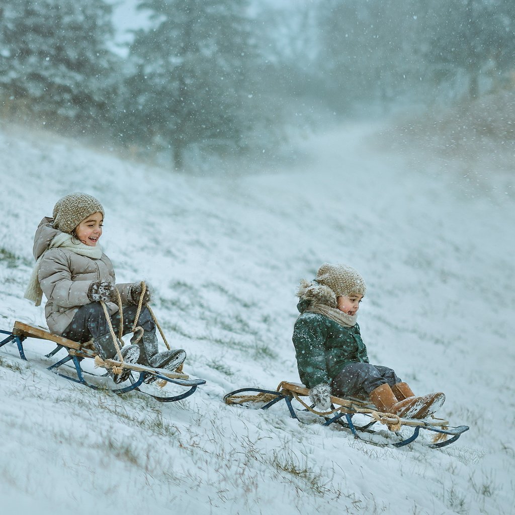 Обои снег, зима, дети, радость, сани, движение, двое, snow, winter, children, joy, sleigh, movement, two разрешение 2560x1707 Загрузить