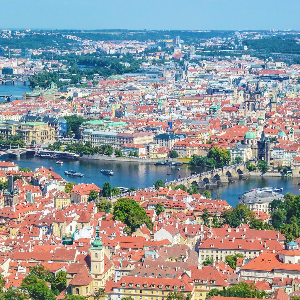 Обои панорама, мост, здания, прага, крыши, чехия, panorama, bridge, building, prague, roof, czech republic разрешение 3000x1688 Загрузить