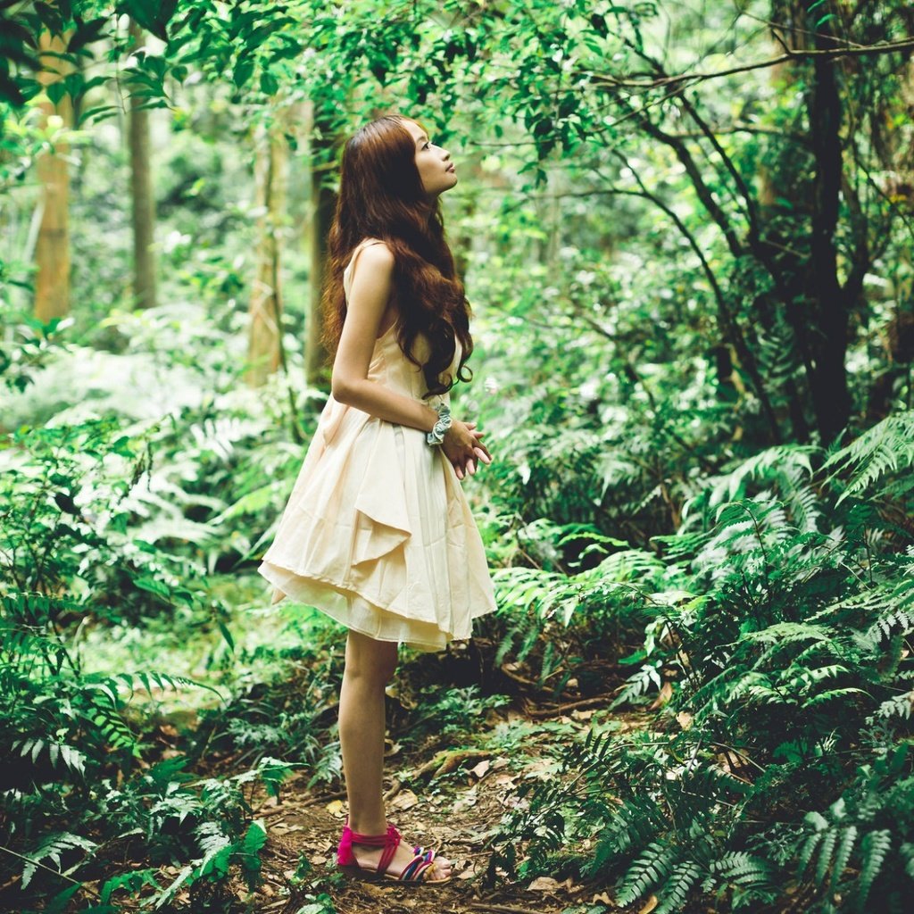 Обои лес, девушка, азиатка, forest, girl, asian разрешение 1935x1271 Загрузить