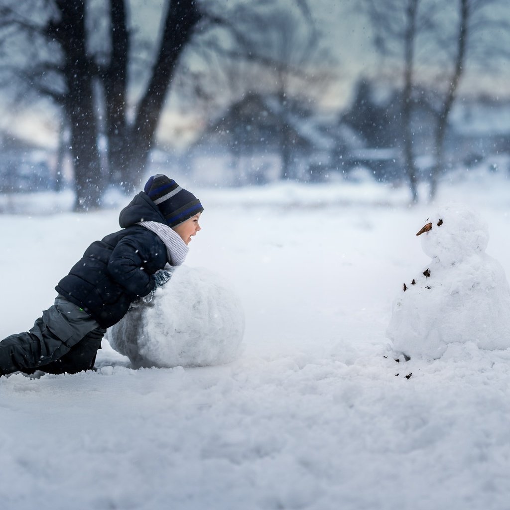 Обои снег, зима, дети, радость, снеговик, мальчик, snow, winter, children, joy, snowman, boy разрешение 2048x1365 Загрузить