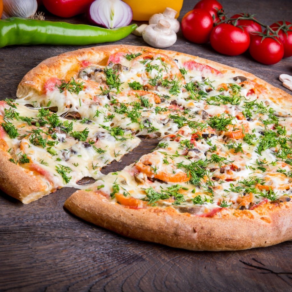 Обои зелень, грибы, сыр, овощи, помидор, перец, пицца, greens, mushrooms, cheese, vegetables, tomato, pepper, pizza разрешение 3000x1993 Загрузить