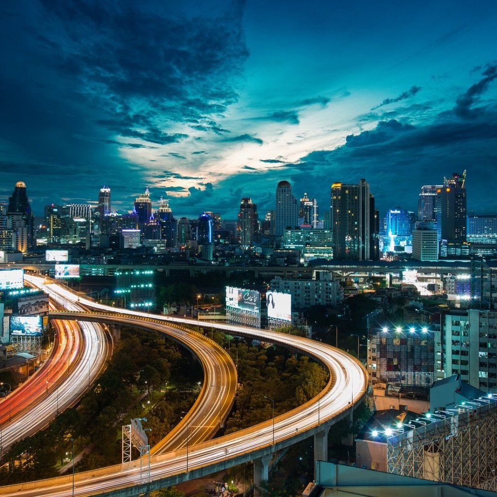 Обои дорога, ночь, огни, здания, таиланд, высотки, бангкок, road, night, lights, building, thailand, skyscrapers, bangkok разрешение 1920x1080 Загрузить