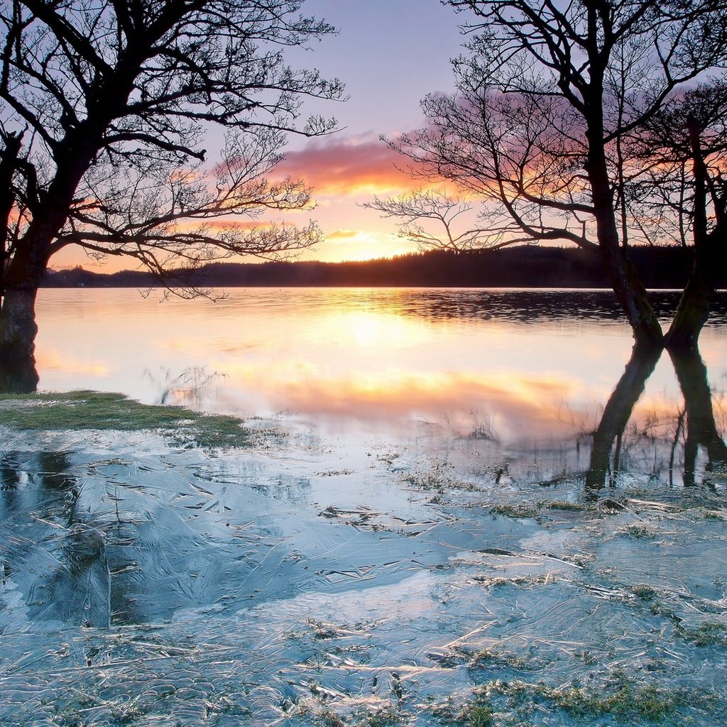 Обои облака, деревья, озеро, закат, лёд, clouds, trees, lake, sunset, ice разрешение 1920x1080 Загрузить