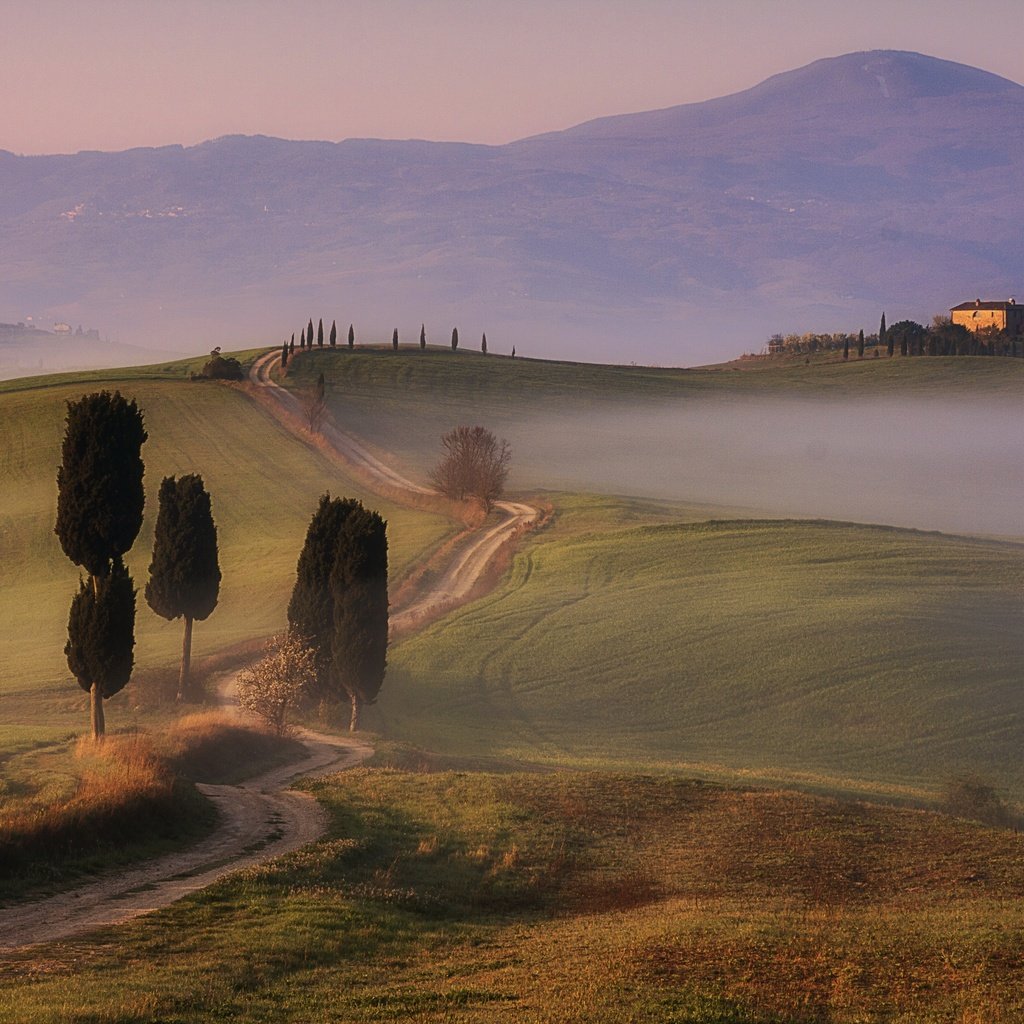 Обои дорога, тоскана, деревья, горы, туман, поле, дома, италия, долина, road, tuscany, trees, mountains, fog, field, home, italy, valley разрешение 3886x2392 Загрузить