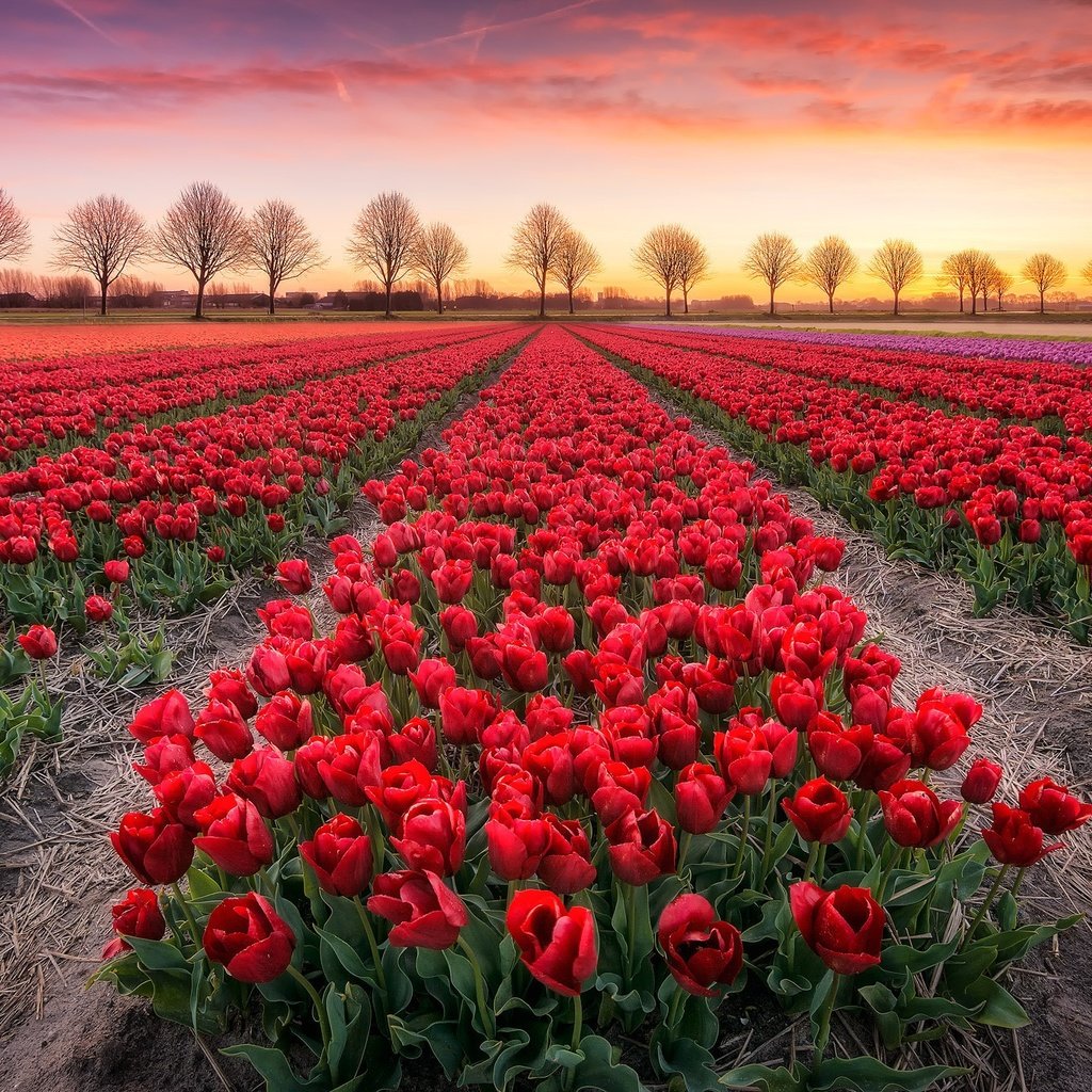 Обои цветы, деревья, закат, поле, тюльпаны, flowers, trees, sunset, field, tulips разрешение 2048x1365 Загрузить