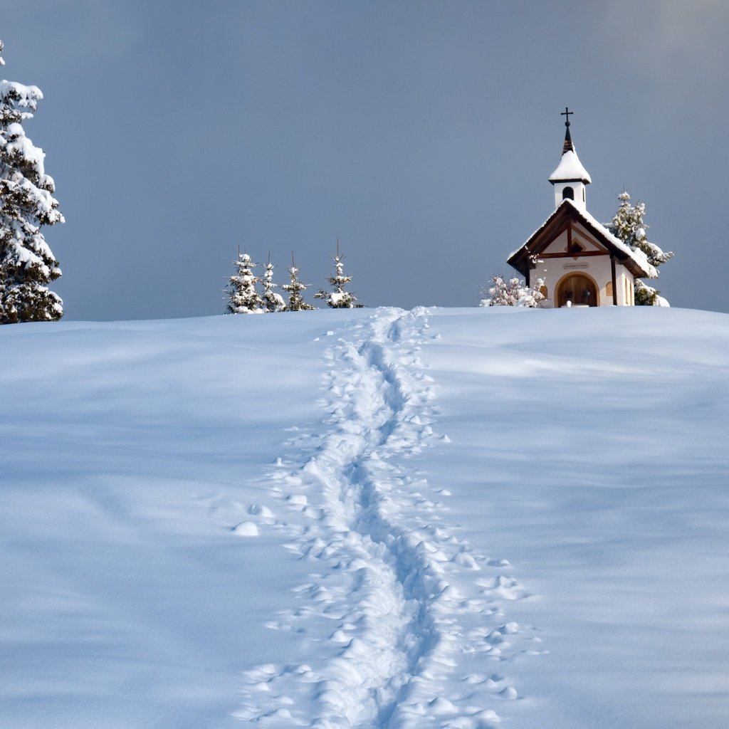 Обои снег, зима, церковь, следы, ели, часовня, snow, winter, church, traces, ate, chapel разрешение 2048x1365 Загрузить