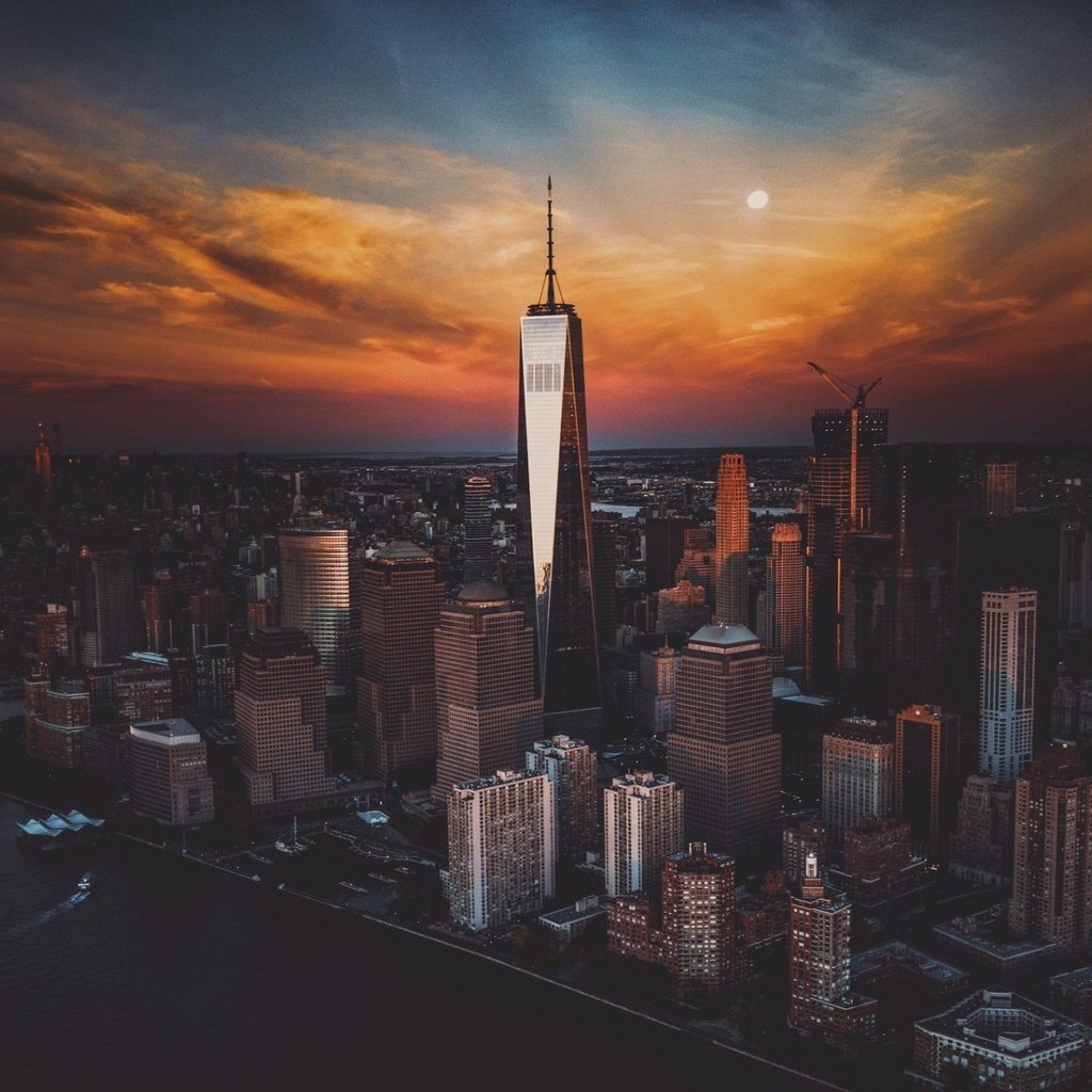 Обои вечер, закат, город, небоскребы, сша, нью-йорк, the evening, sunset, the city, skyscrapers, usa, new york разрешение 1920x1181 Загрузить