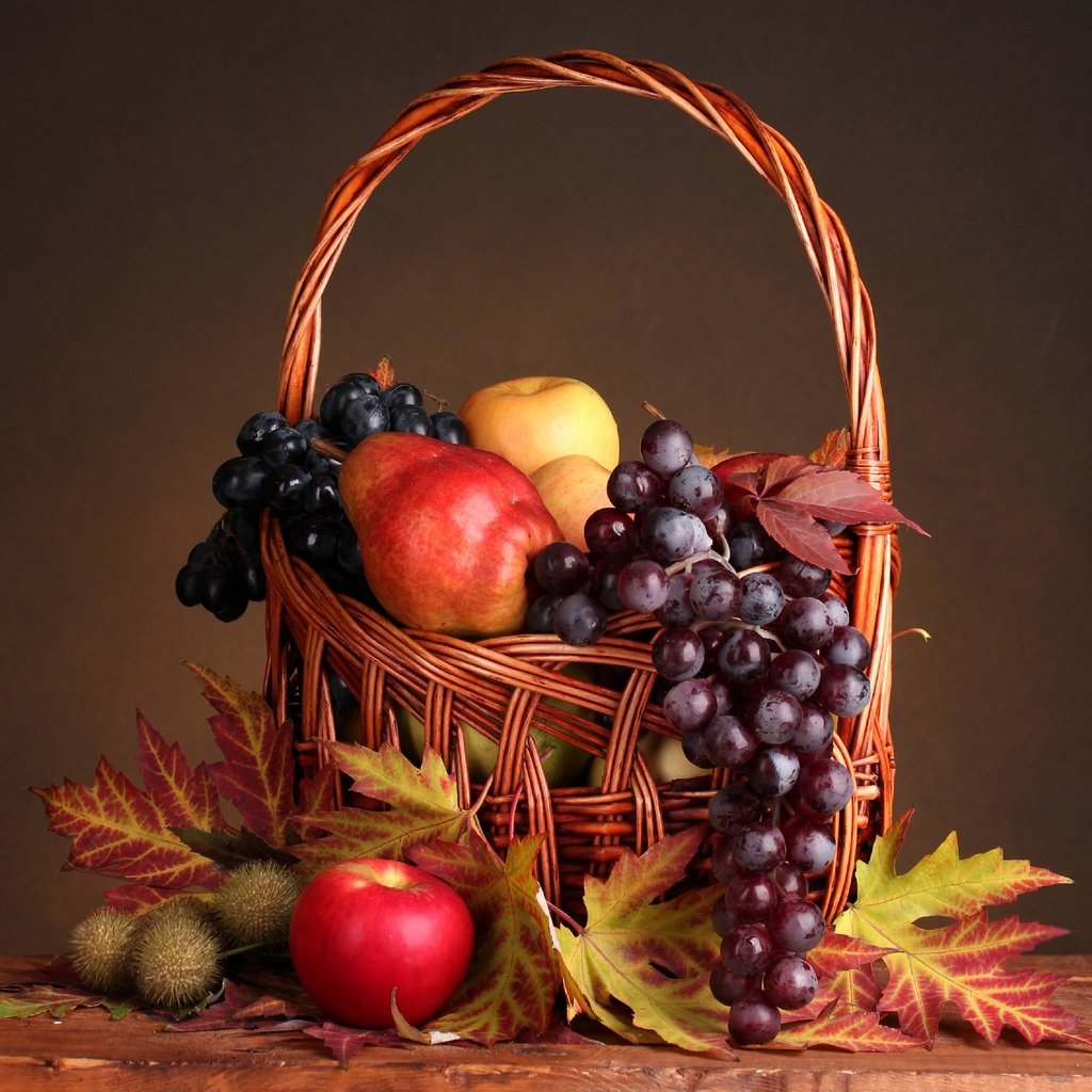 Обои листья, виноград, фрукты, яблоки, натюрморт, груши, груши., leaves, grapes, fruit, apples, still life, pear, pear. разрешение 2560x2439 Загрузить