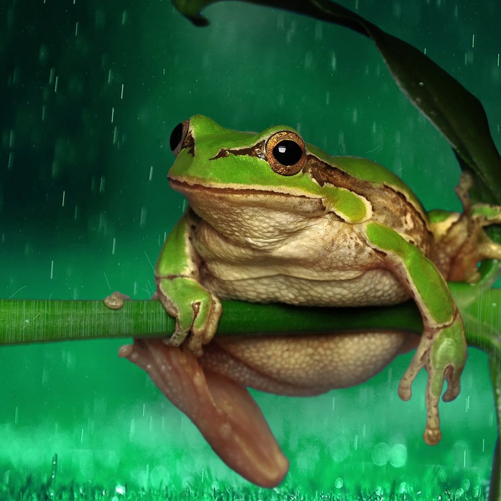 Обои лягушка, дождь, растение, стебель, капли дождя, frog, rain, plant, stem, raindrops разрешение 1920x1200 Загрузить