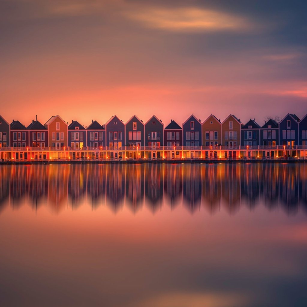 Обои огни, вода, закат, отражение, дома, нидерланды, lights, water, sunset, reflection, home, netherlands разрешение 2000x1437 Загрузить