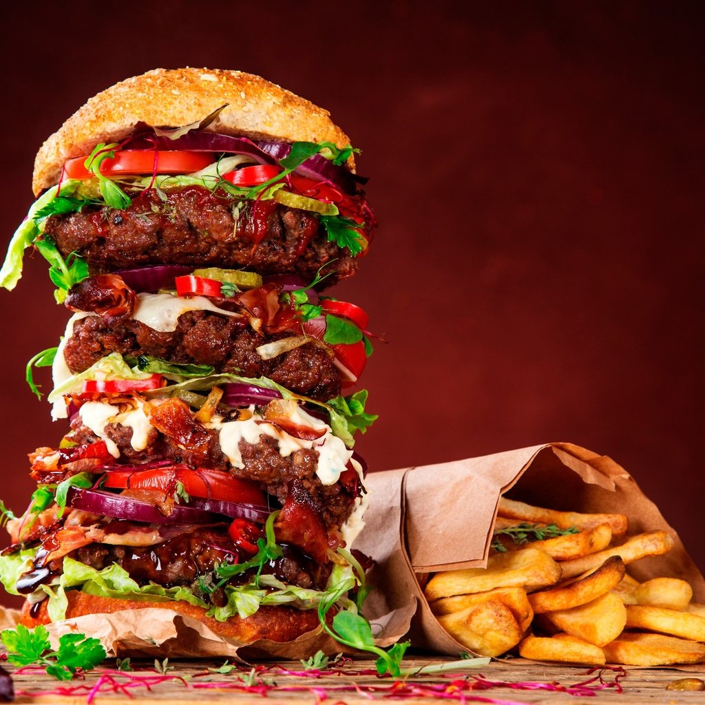 Обои гамбургер, бургер, картофель фри, фаст-фуд, hamburger, burger, french fries, fast food разрешение 2880x1837 Загрузить