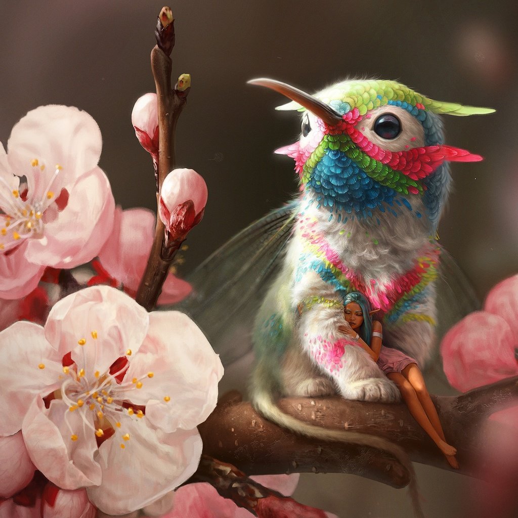 Обои цветы, ветка, весна, эльф, грифон, колибри, flowers, branch, spring, elf, griffin, hummingbird разрешение 2560x1585 Загрузить